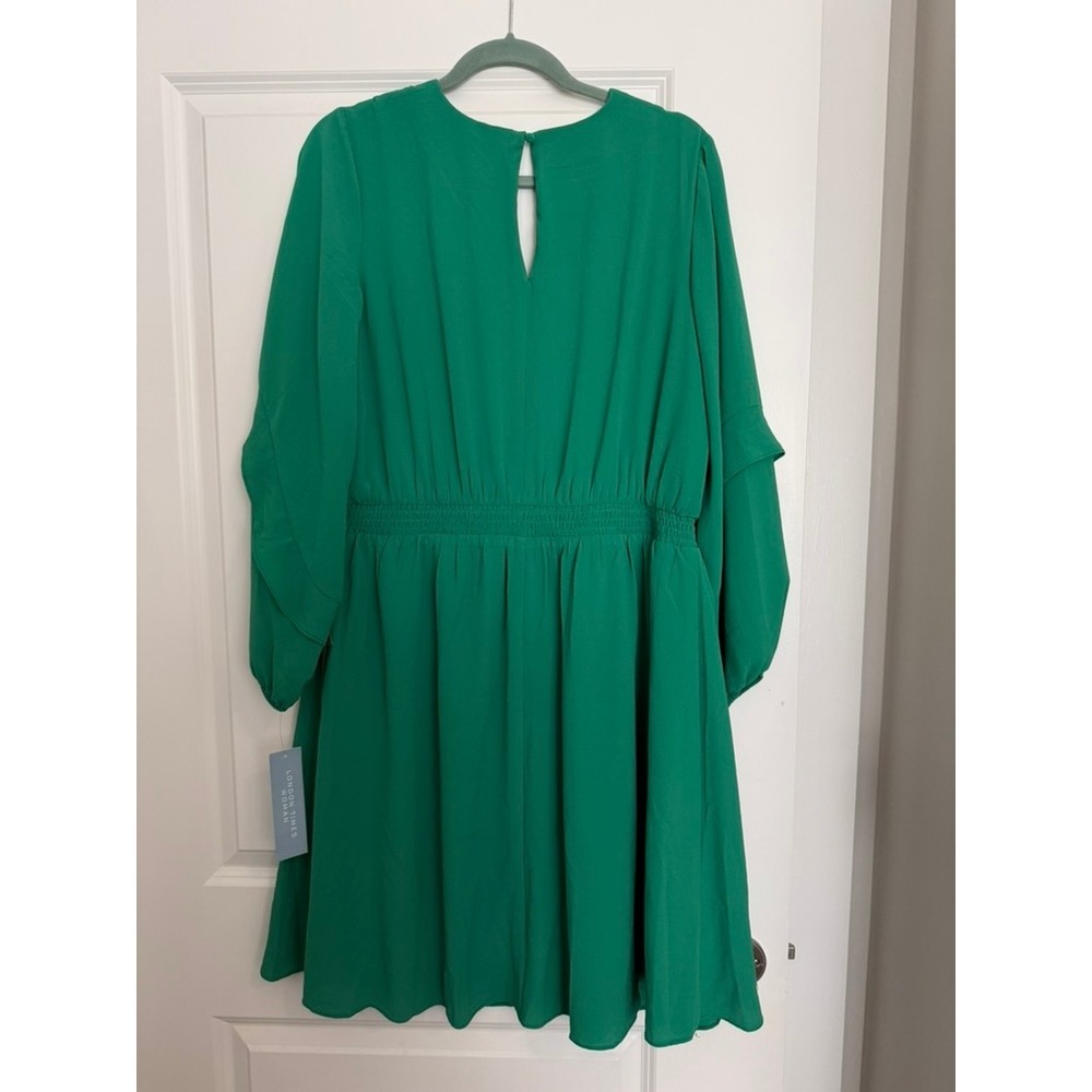 London Times Woman Green Smocked Waist Ruffle Sleeve Dress 1X T7349W NEW - Picture 5 of 10